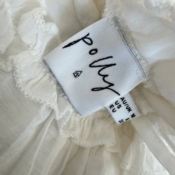 Polly Drawing Swing Dress White Ruffles Plunge Babydoll Sz 6 Flowy Fairy Core - Picture 15 of 16
